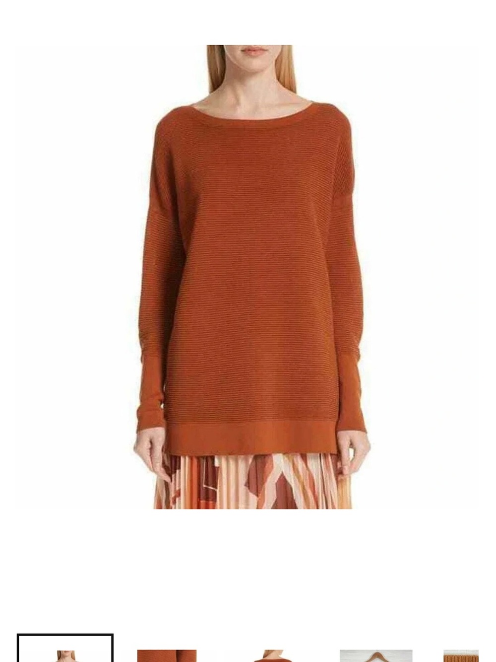 Lafayette 148 Wide Neck Ribbed Knit Tunic Sweater Rust Brown NEW NWT